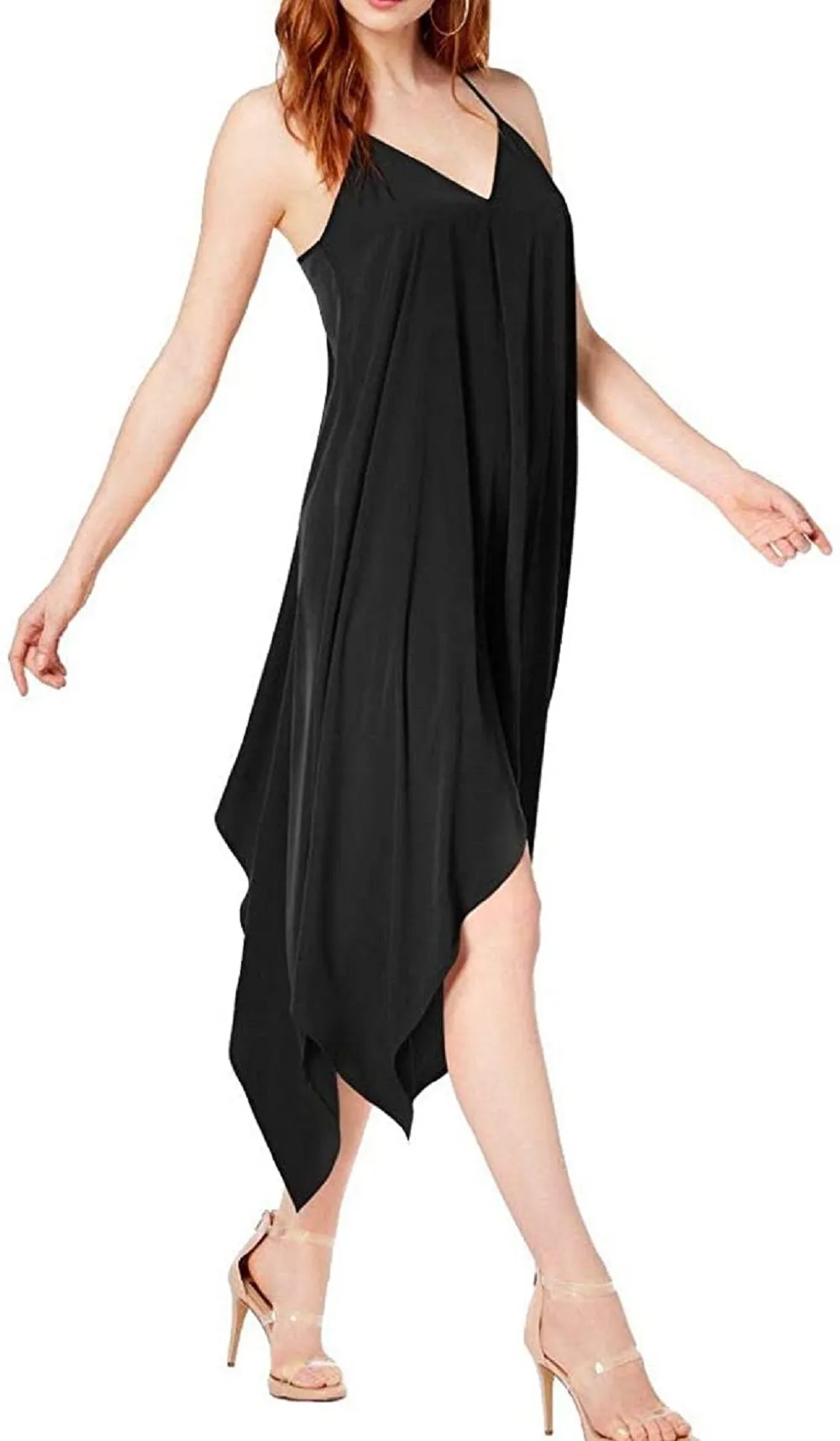 Bar III Women's Satin Handkerchief Hem Cocktail Dress, Deep Black, M