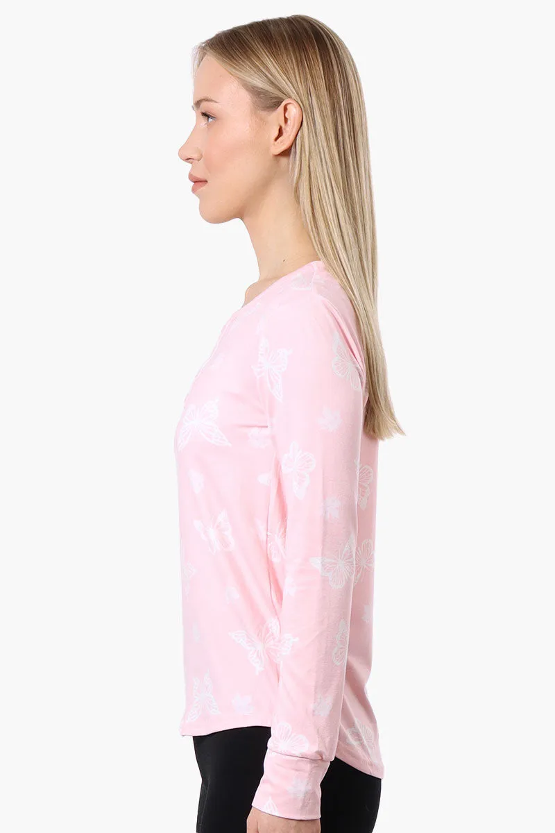 Canada Weather Gear Butterfly Pattern Henley Pajama Top - Pink