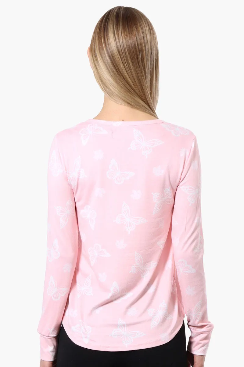 Canada Weather Gear Butterfly Pattern Henley Pajama Top - Pink