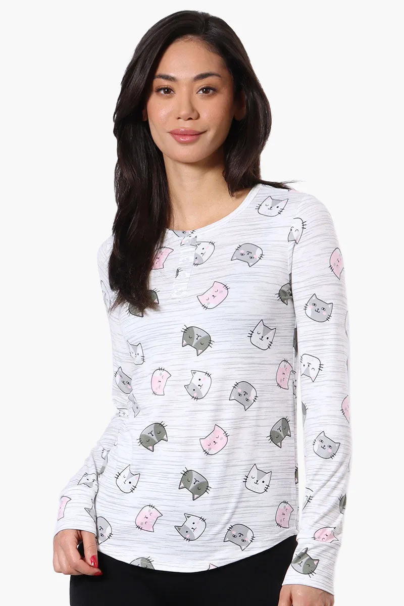 Canada Weather Gear Cat Pattern Henley Pajama Top - White