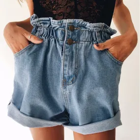 Curled High Waist Pure Color Loose Denim Shorts