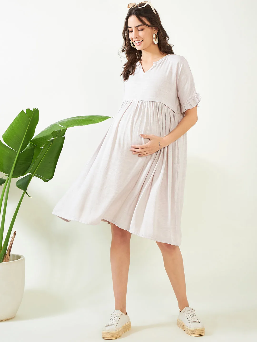 Earthy Grey Soft Cotton Maternity and Feeding Dress