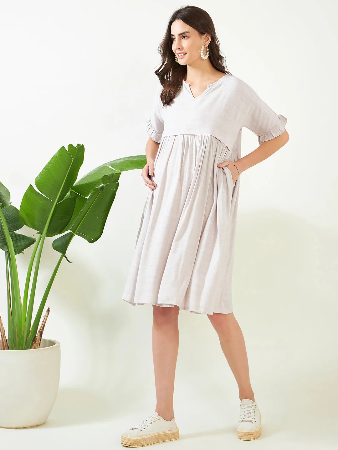 Earthy Grey Soft Cotton Maternity and Feeding Dress