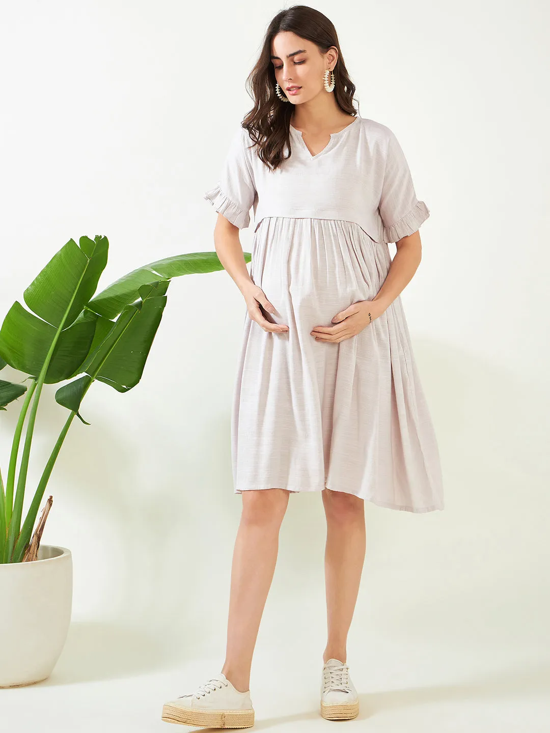 Earthy Grey Soft Cotton Maternity and Feeding Dress