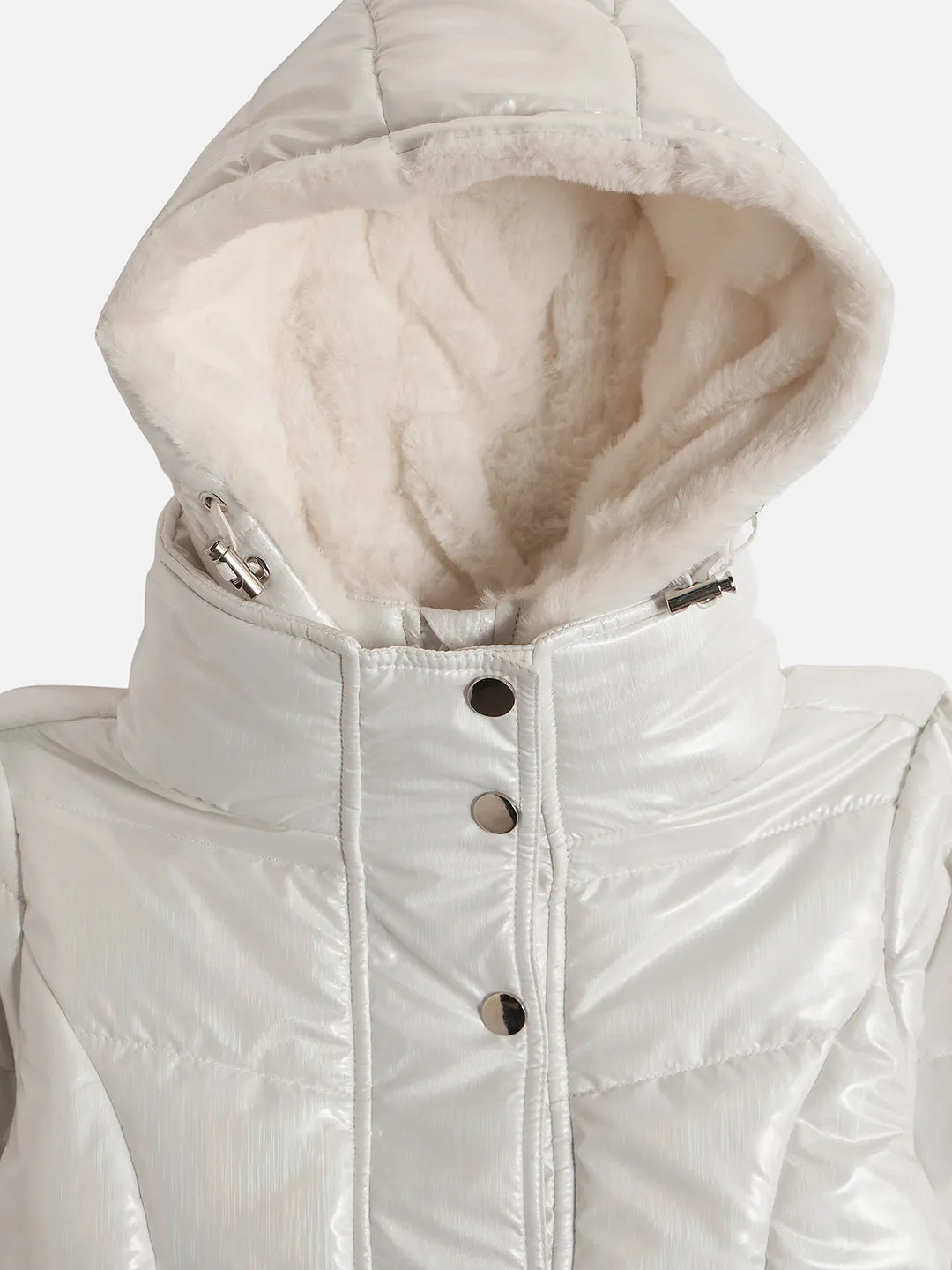 Elle Girls White Solid Hooded Full Sleeves Puffer Jacket