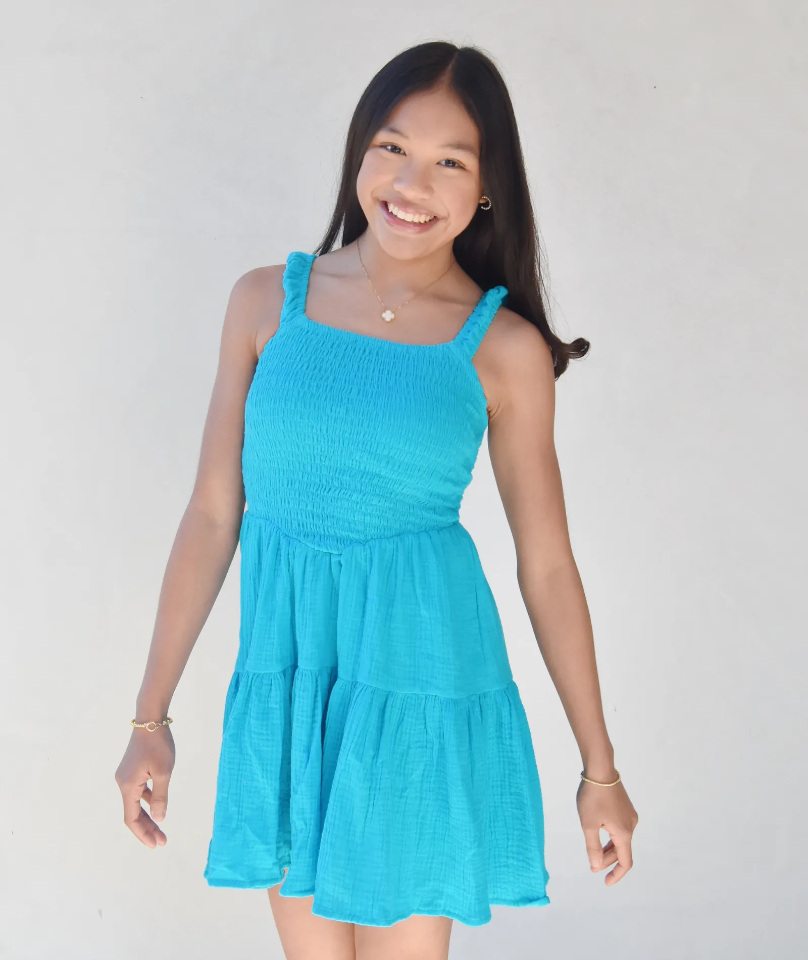 FBZ Girls Turquoise Gauze Smock Sleeveless Dress