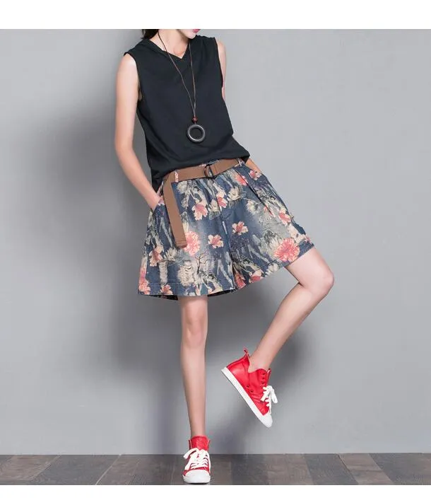 Floral Loose Denim Cotton Pants Summer Women Shorts