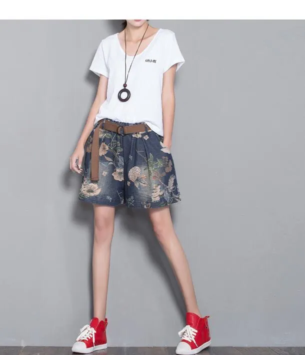 Floral Loose Denim Cotton Pants Summer Women Shorts