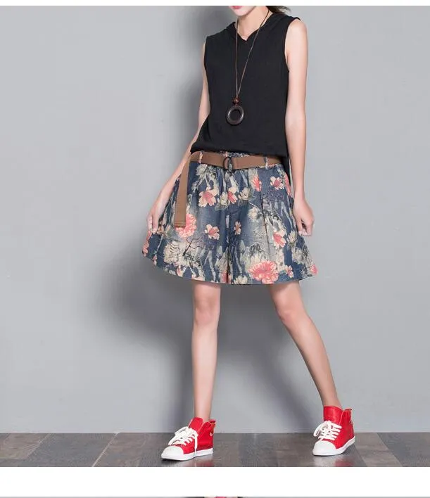 Floral Loose Denim Cotton Pants Summer Women Shorts