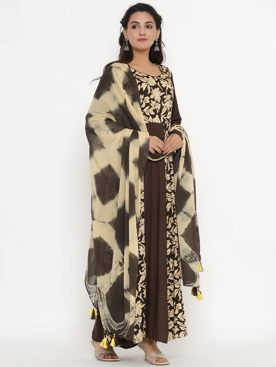 Floral Print Anarakli Maxi Kurta with Shibori Dyed Dupatta - Brown