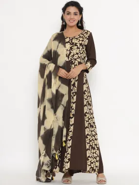 Floral Print Anarakli Maxi Kurta with Shibori Dyed Dupatta - Brown