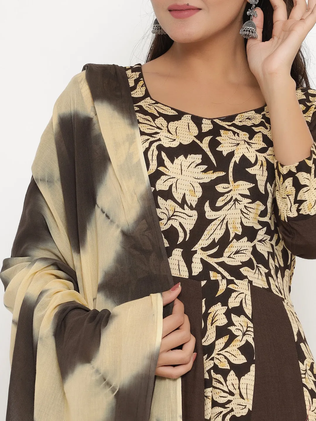 Floral Print Anarakli Maxi Kurta with Shibori Dyed Dupatta - Brown