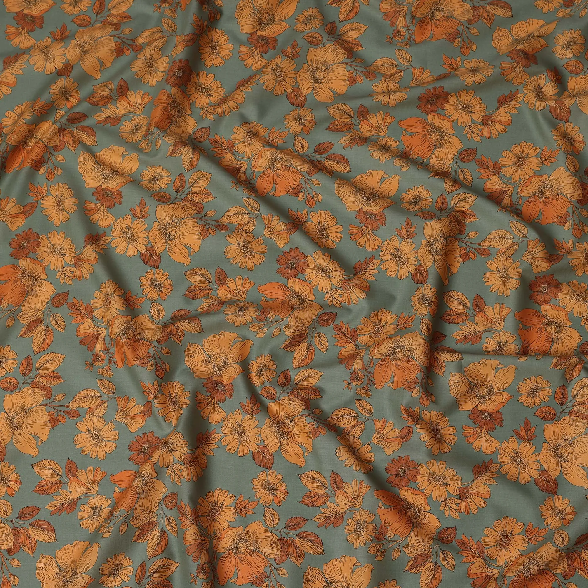 Green and Orange Floral Cotton Lawn Digital Print Fabric - 110 cm Width-D21221