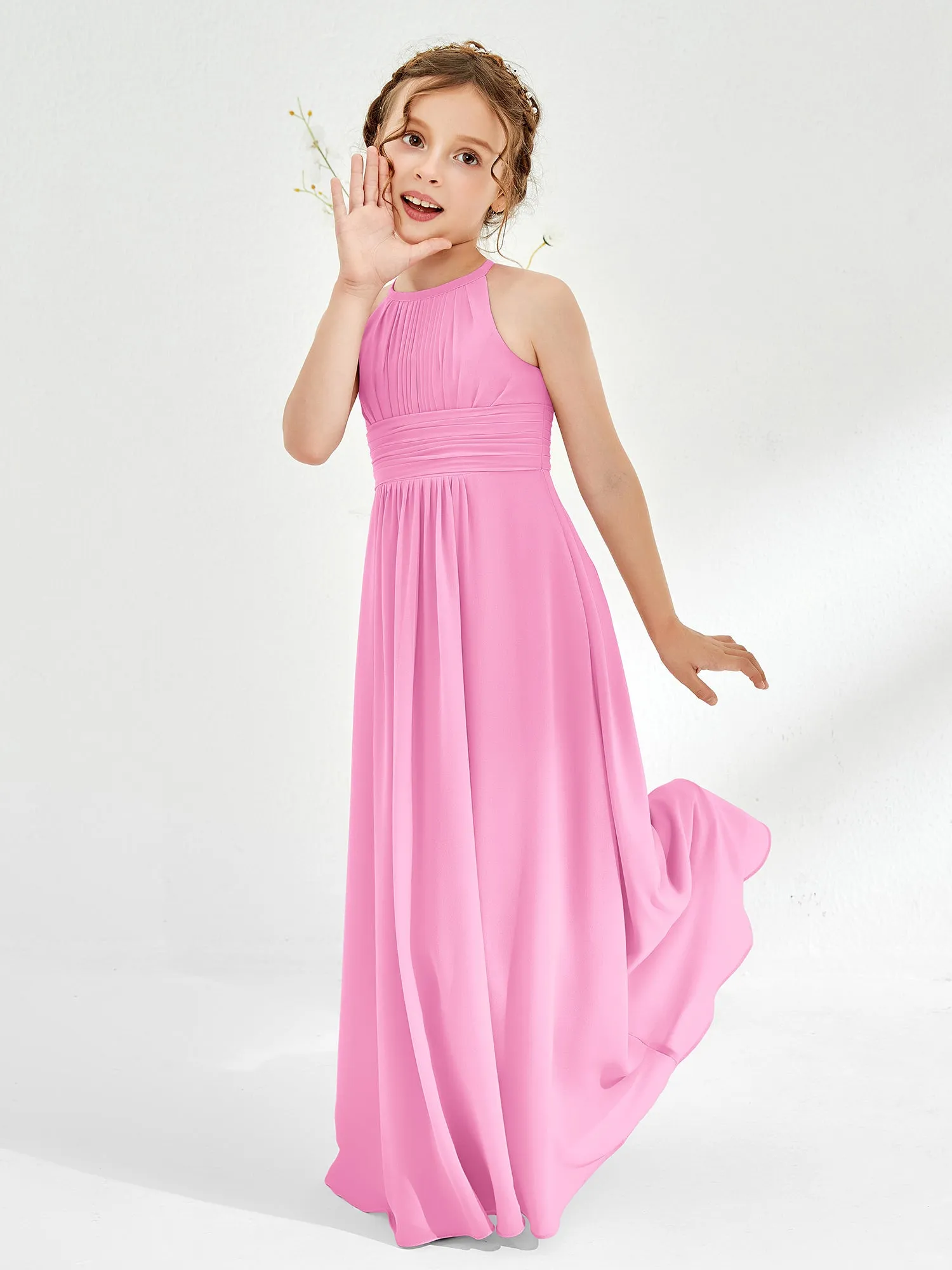 Halter Chiffon Junior Bridesmaid Dresses Candy Pink