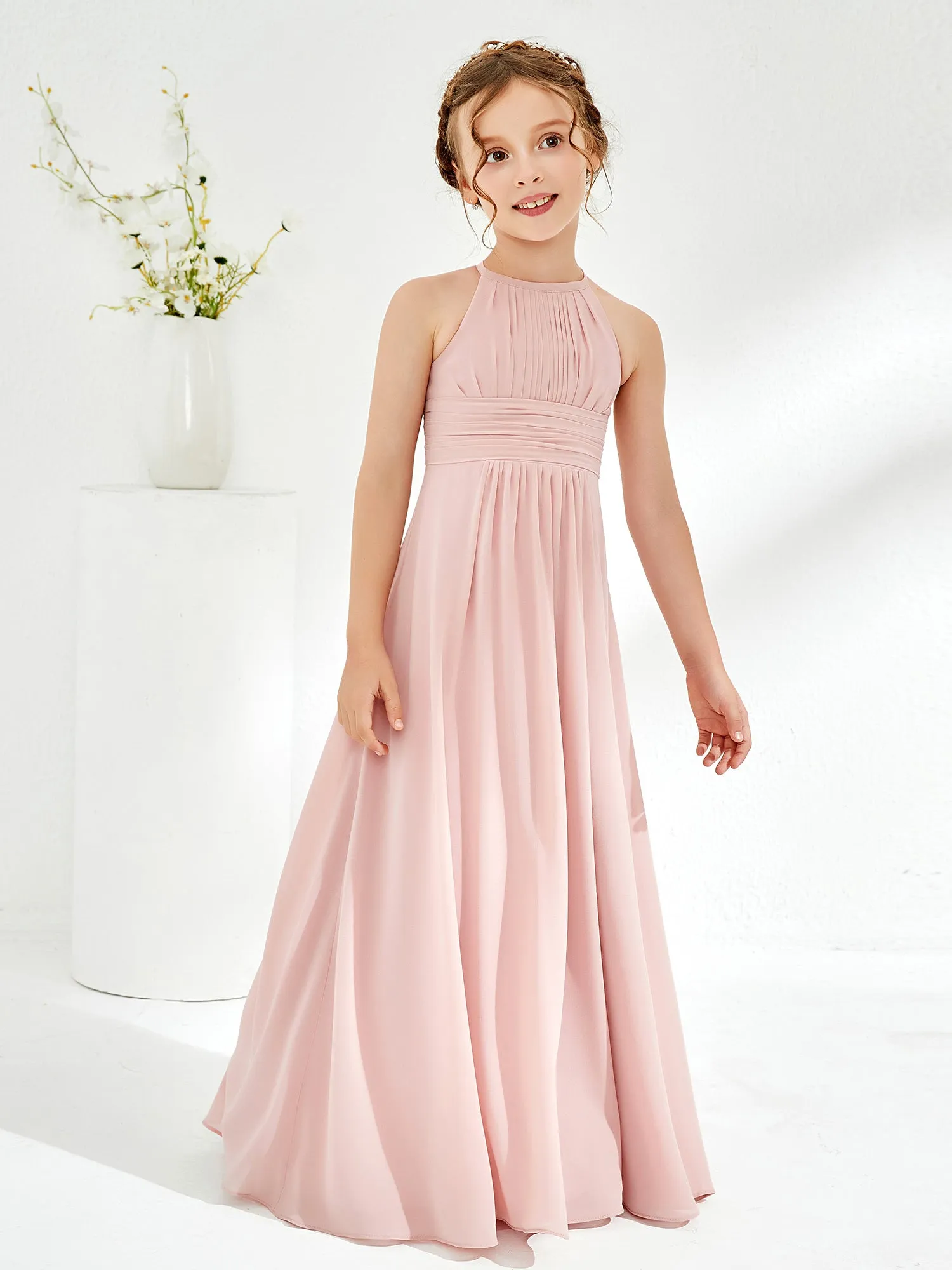 Halter Chiffon Junior Bridesmaid Dresses Dusty Rose