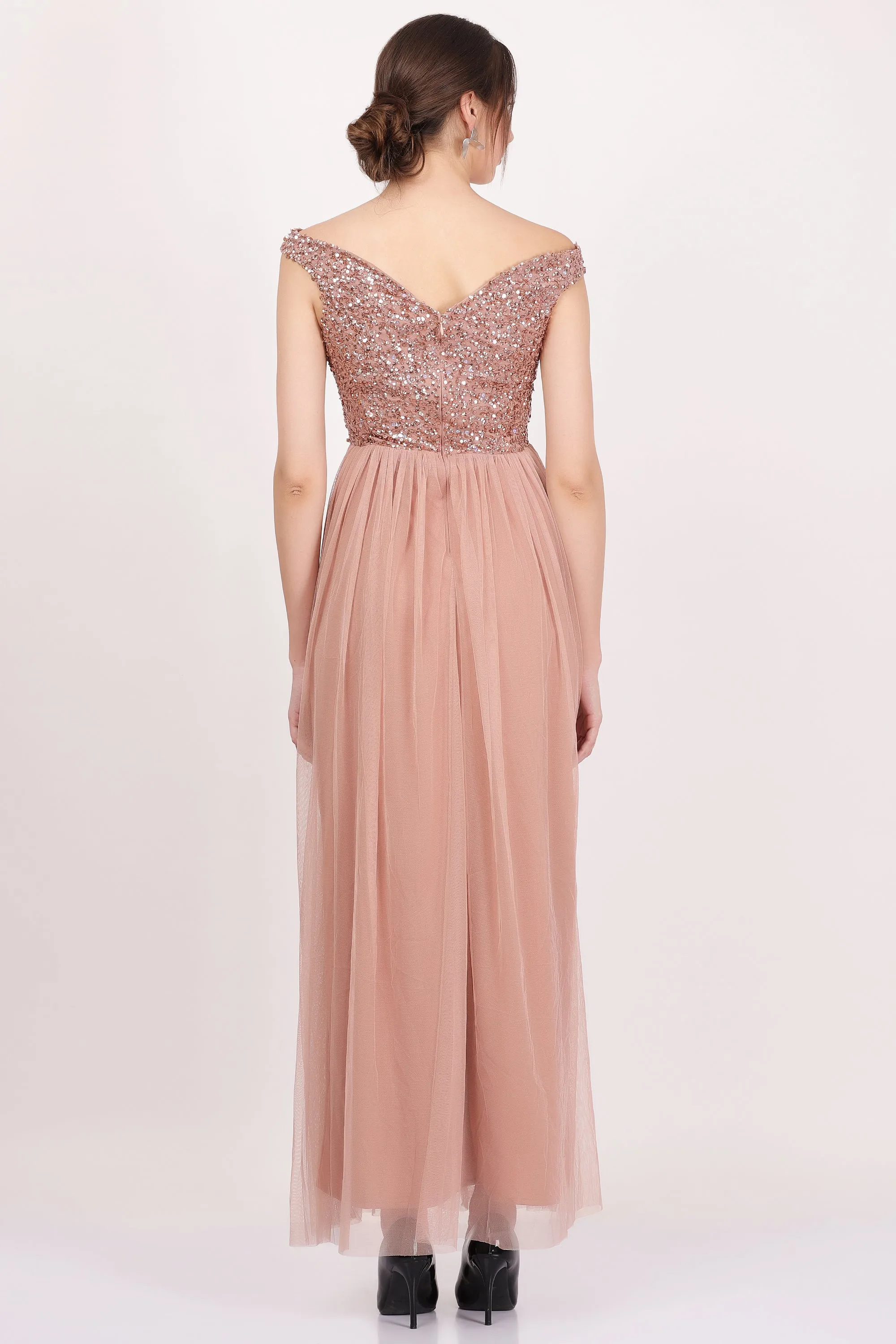 Nina Taupe Embellished Bridesmaid Maxi Dress