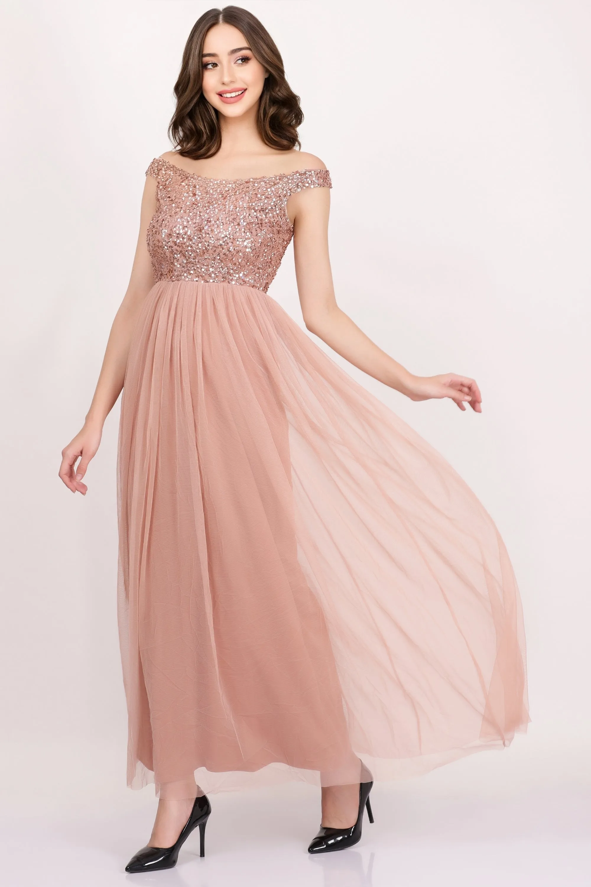 Nina Taupe Embellished Bridesmaid Maxi Dress