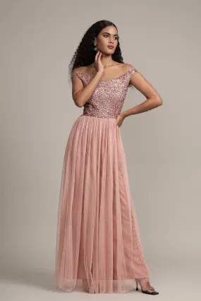 Nina Taupe Embellished Bridesmaid Maxi Dress