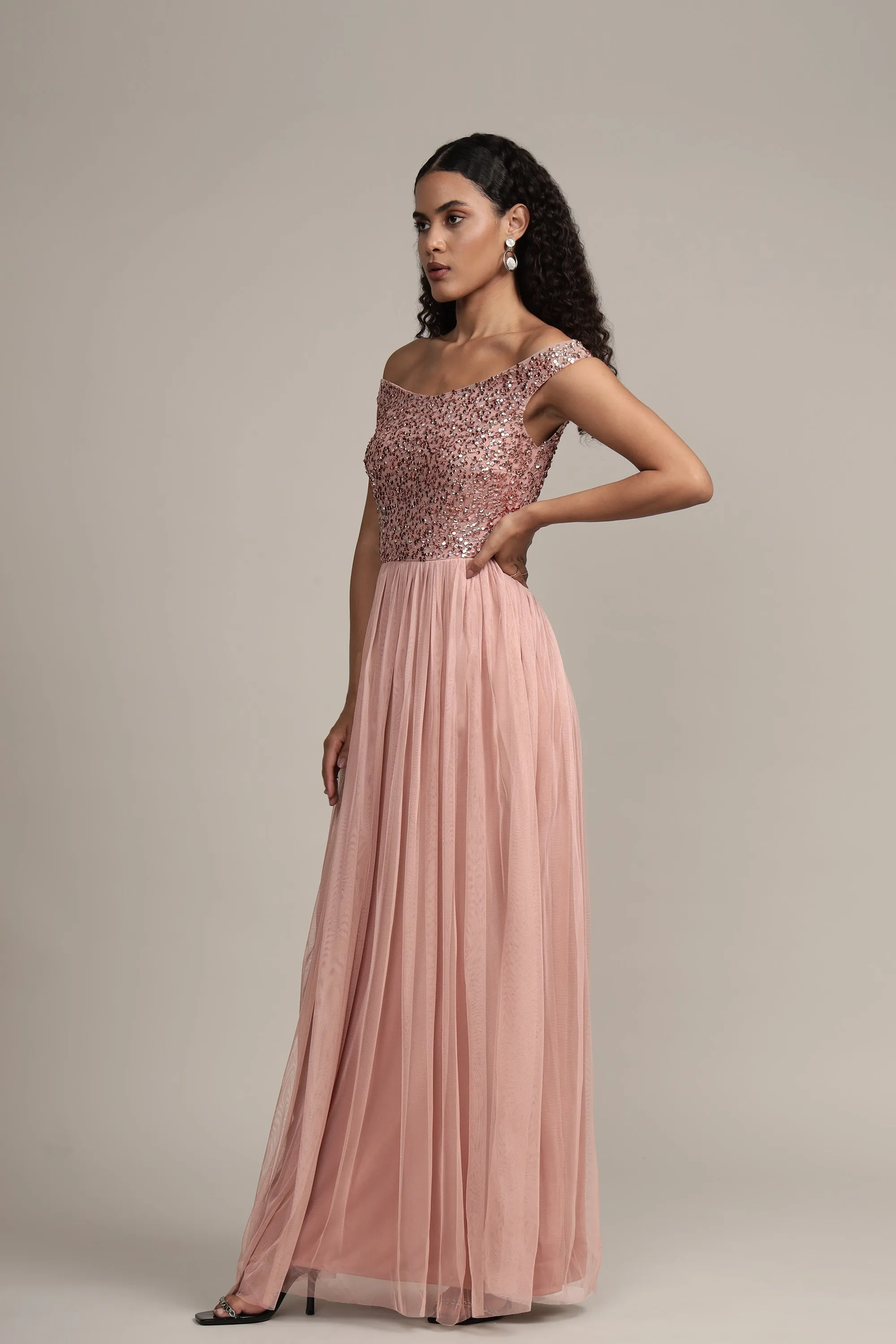 Nina Taupe Embellished Bridesmaid Maxi Dress