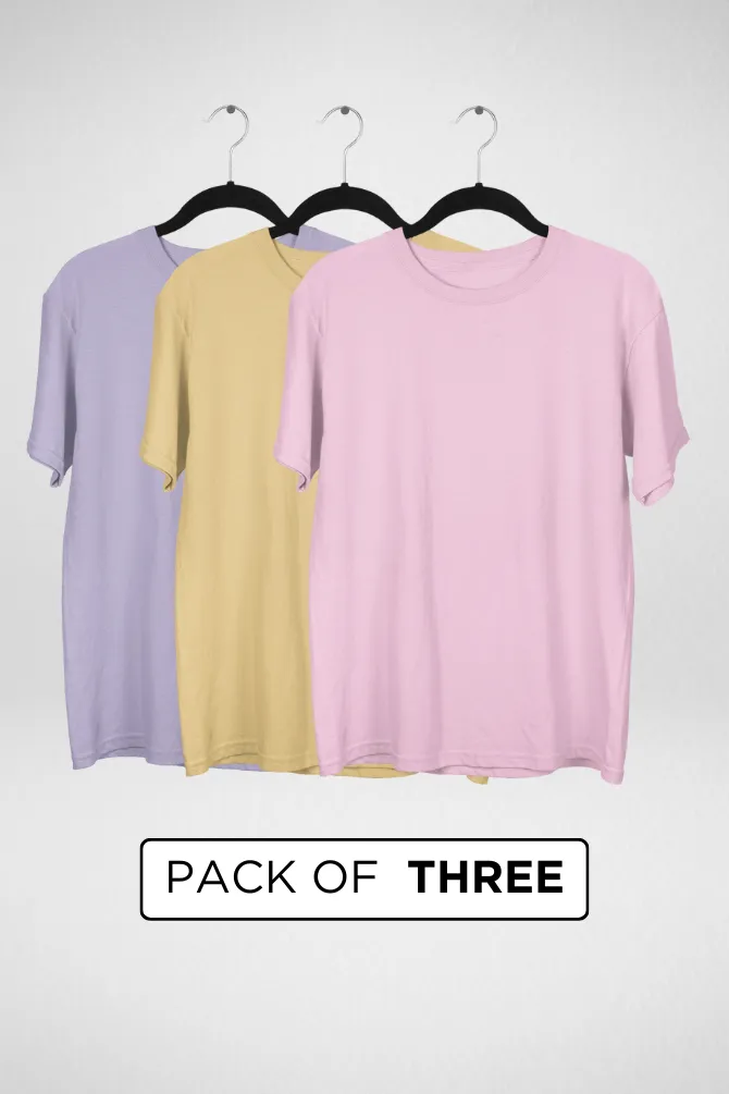 Pack Of 3 Lightweight Oversized T-shirts Lavender Light Pink and Beige for Women