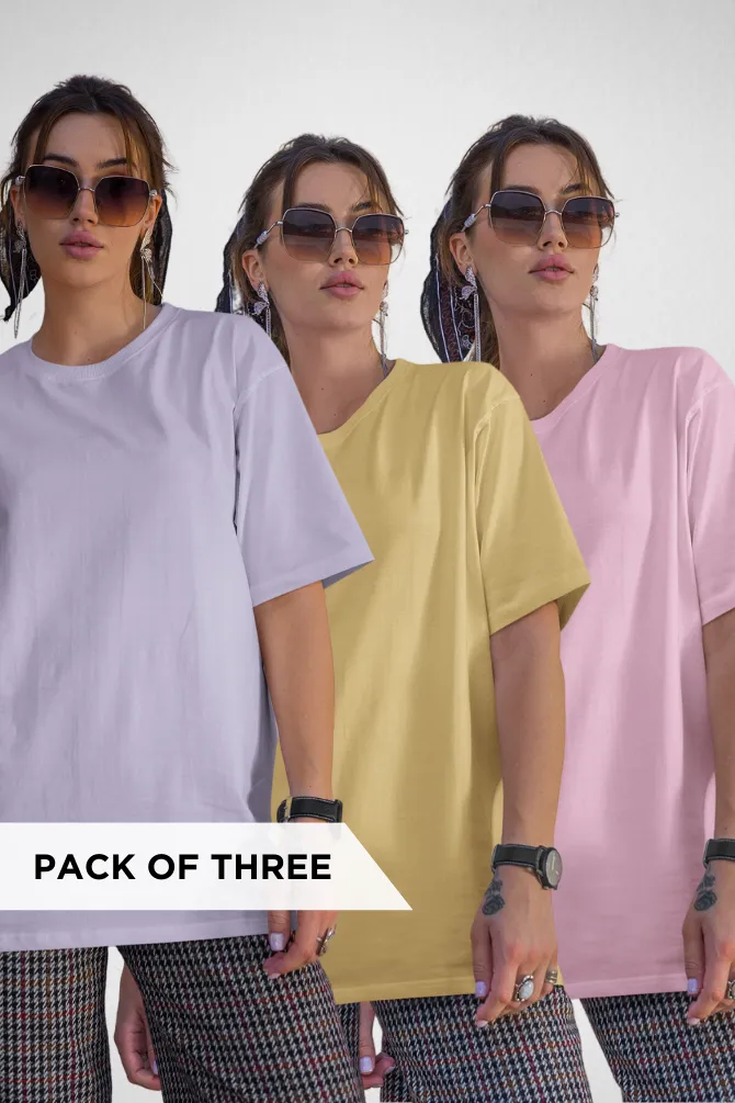 Pack Of 3 Lightweight Oversized T-shirts Lavender Light Pink and Beige for Women