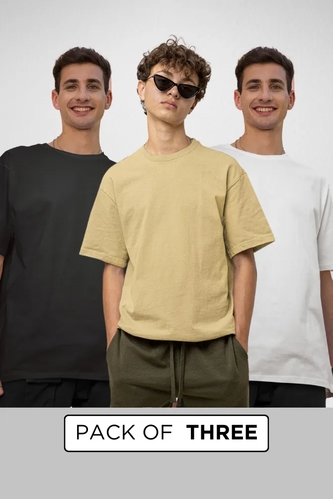 Pack Of 3 Lightweight Oversized T-shirts White Black and Beige for Men