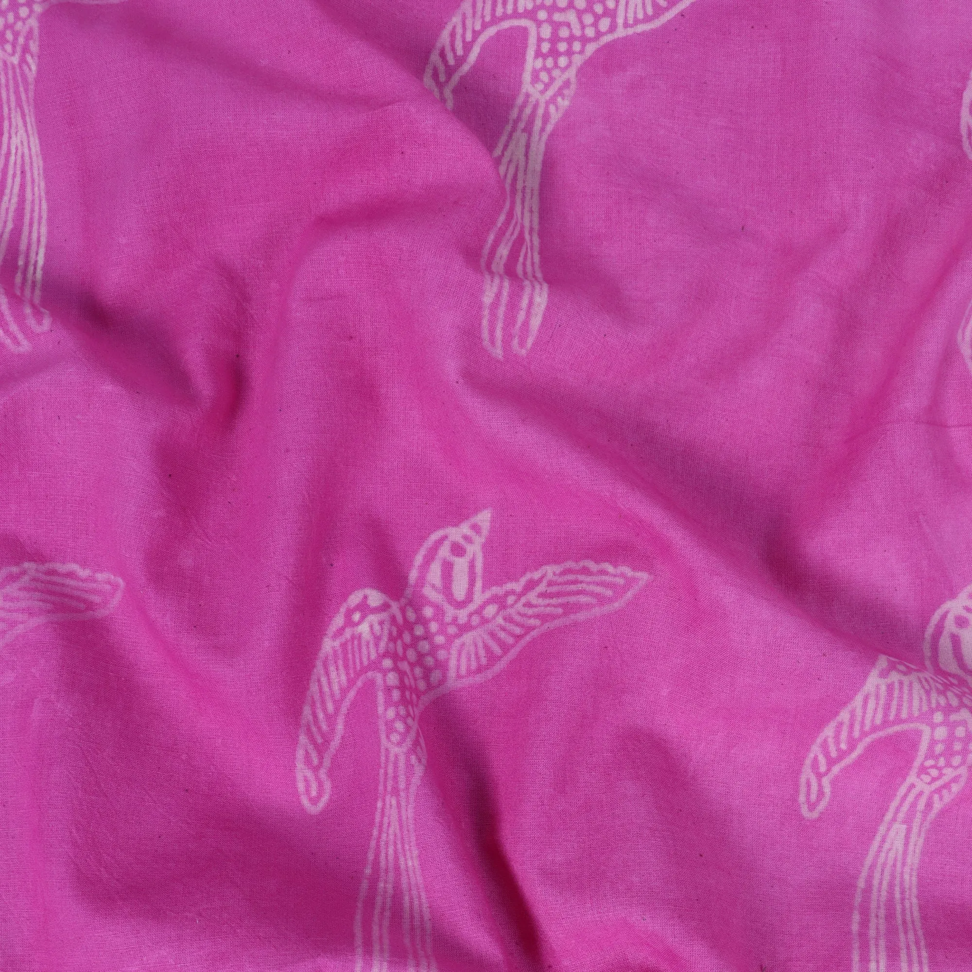 Pink Bird Wooden Block Printed Pure Cotton Fabric