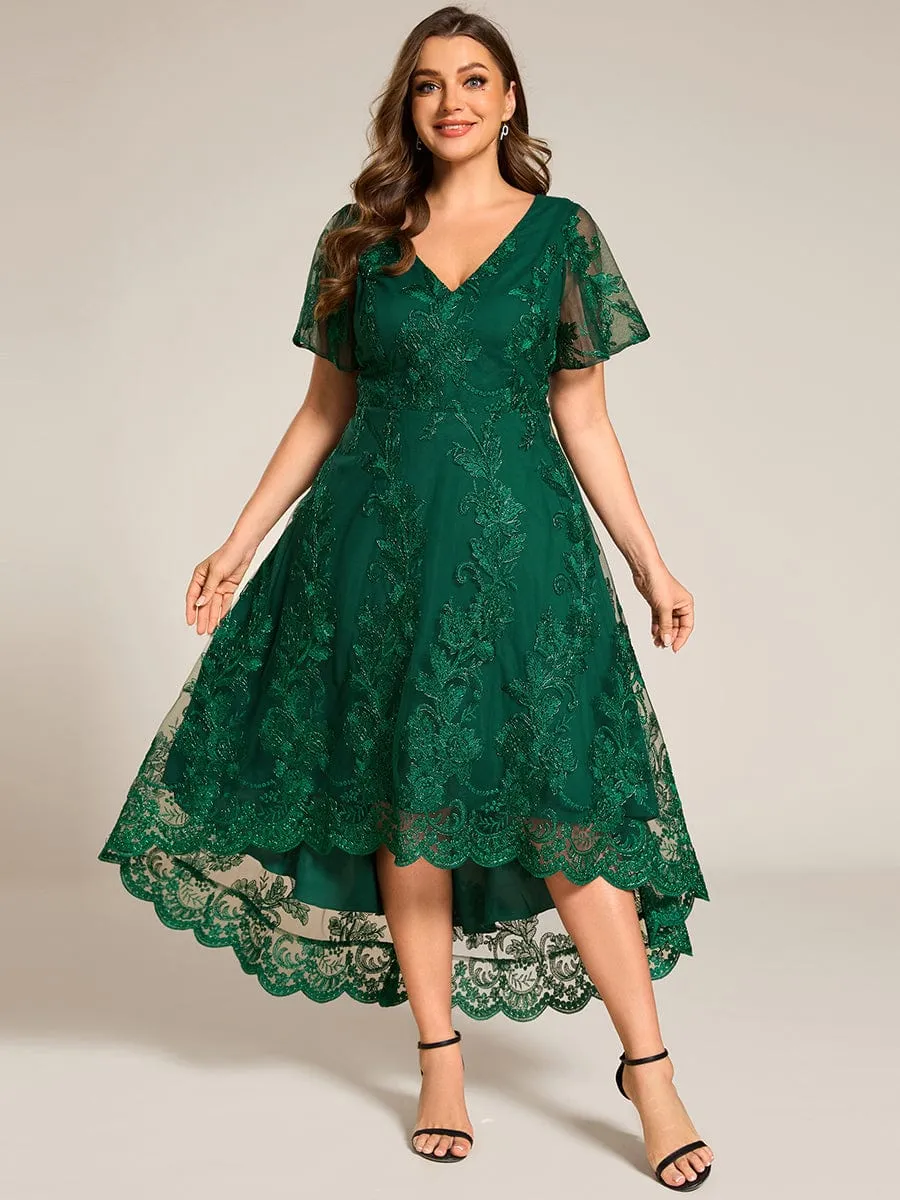 Plus Size Embroidered Mesh High-Low Midi Wedding Guest Dress with Short Sleeves