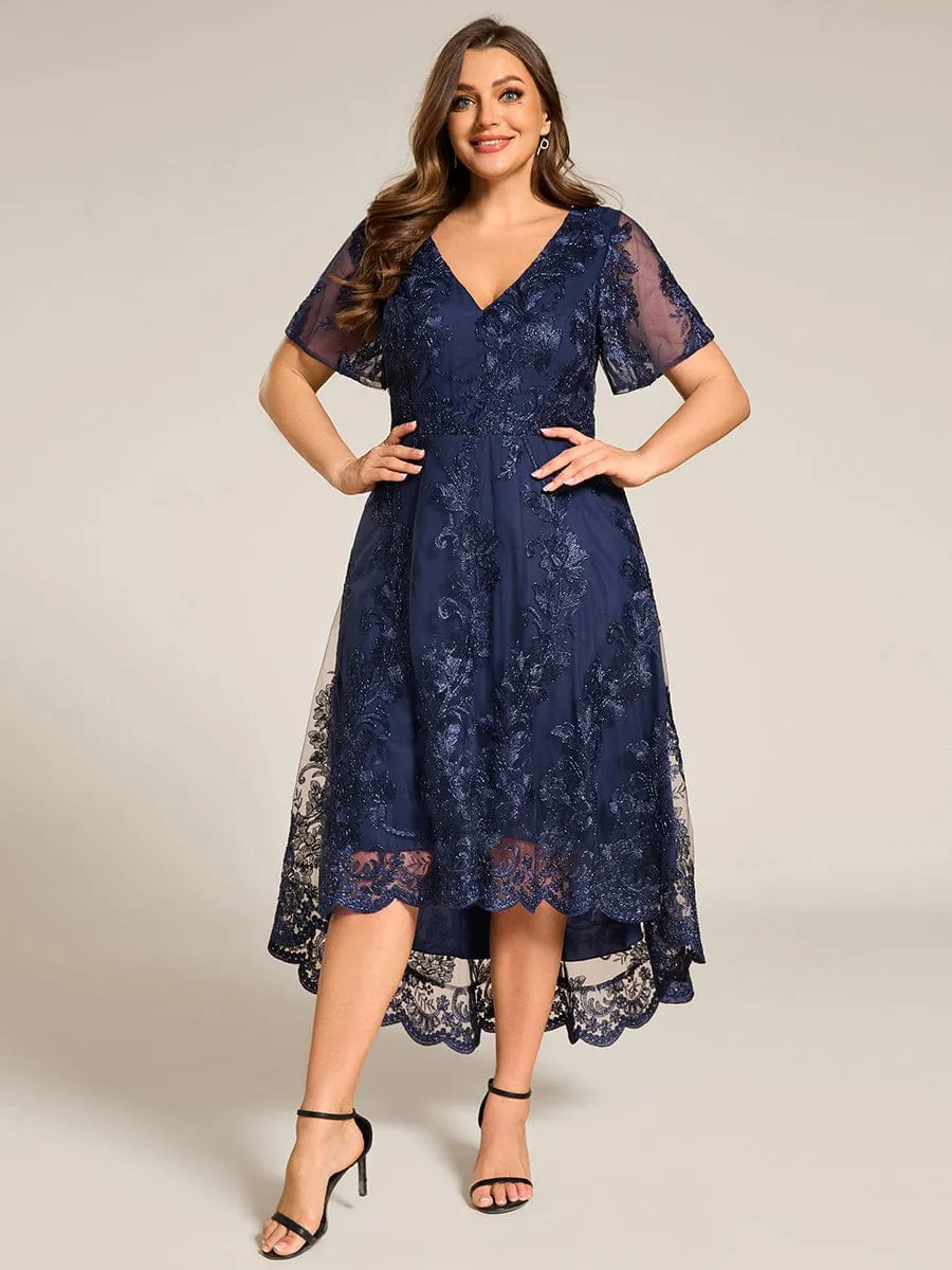 Plus Size Embroidered Mesh High-Low Midi Wedding Guest Dress with Short Sleeves