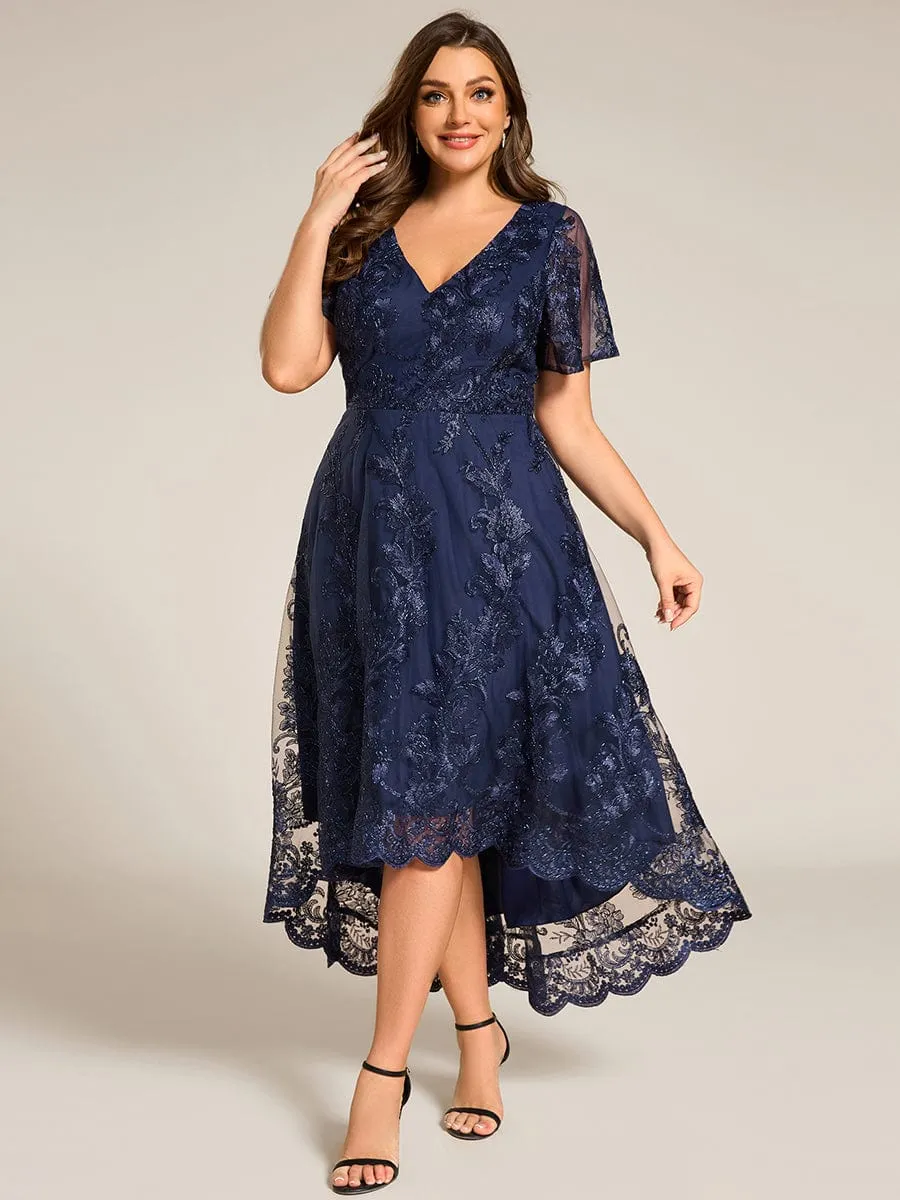 Plus Size Embroidered Mesh High-Low Midi Wedding Guest Dress with Short Sleeves