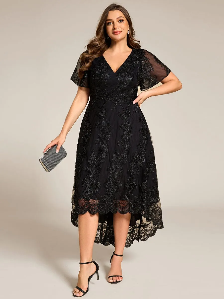 Plus Size Embroidered Mesh High-Low Midi Wedding Guest Dress with Short Sleeves