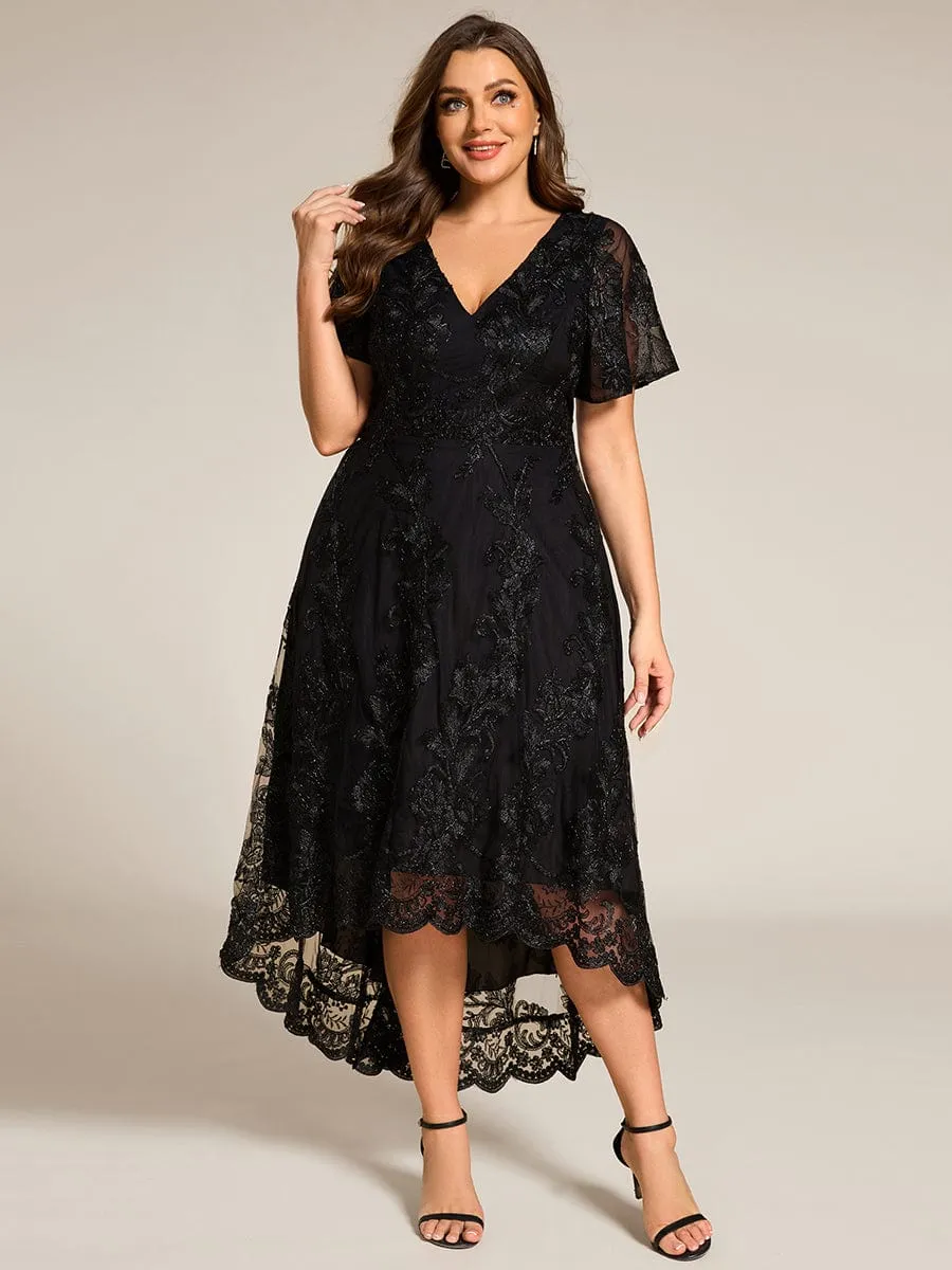 Plus Size Embroidered Mesh High-Low Midi Wedding Guest Dress with Short Sleeves