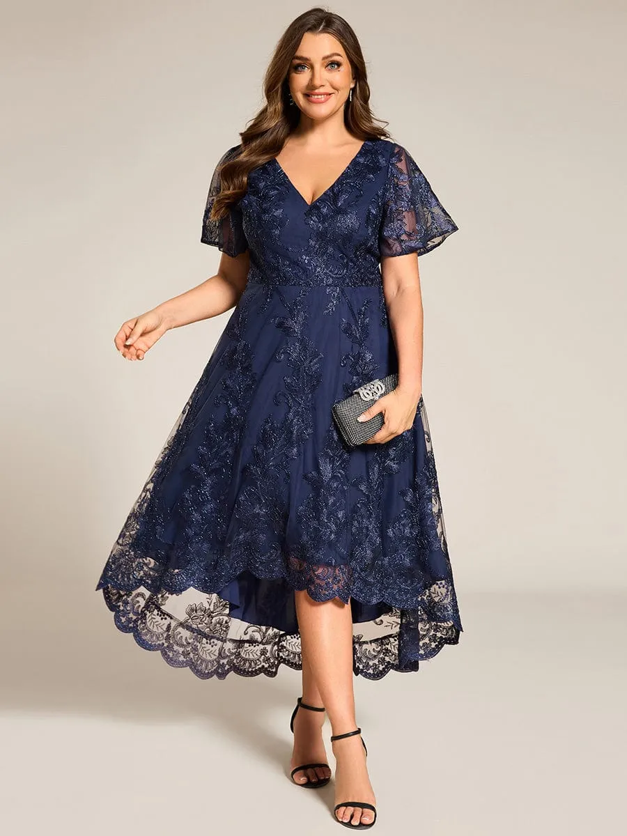 Plus Size Embroidered Mesh High-Low Midi Wedding Guest Dress with Short Sleeves