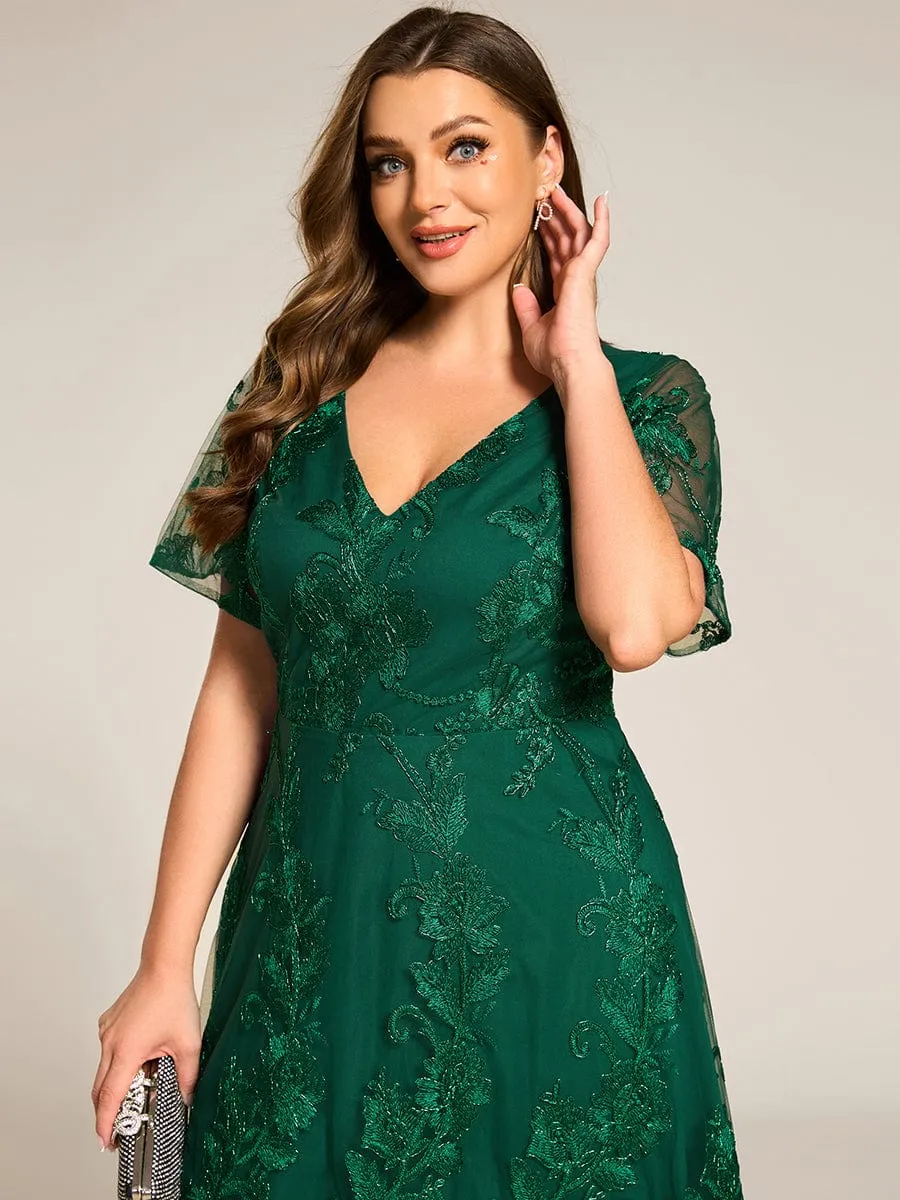 Plus Size Embroidered Mesh High-Low Midi Wedding Guest Dress with Short Sleeves