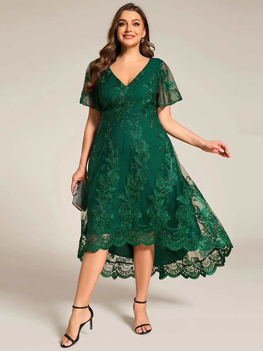 Plus Size Embroidered Mesh High-Low Midi Wedding Guest Dress with Short Sleeves