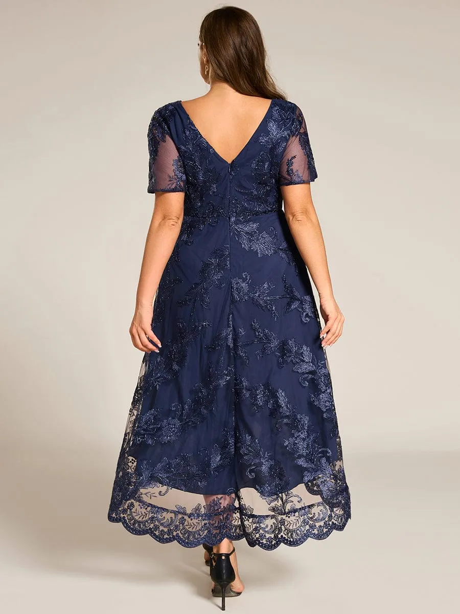 Plus Size Embroidered Mesh High-Low Midi Wedding Guest Dress with Short Sleeves