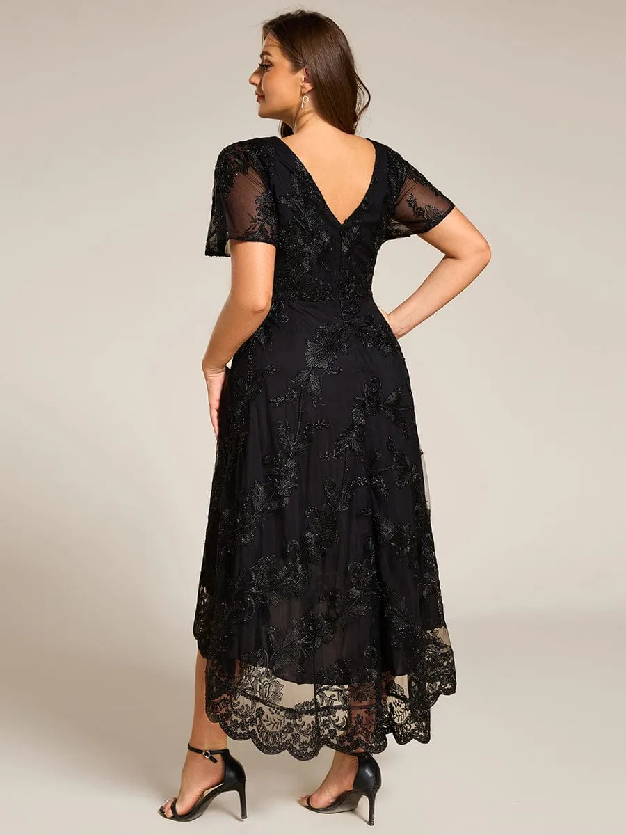 Plus Size Embroidered Mesh High-Low Midi Wedding Guest Dress with Short Sleeves