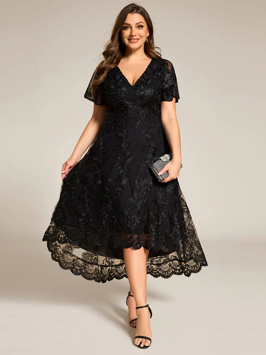 Plus Size Embroidered Mesh High-Low Midi Wedding Guest Dress with Short Sleeves