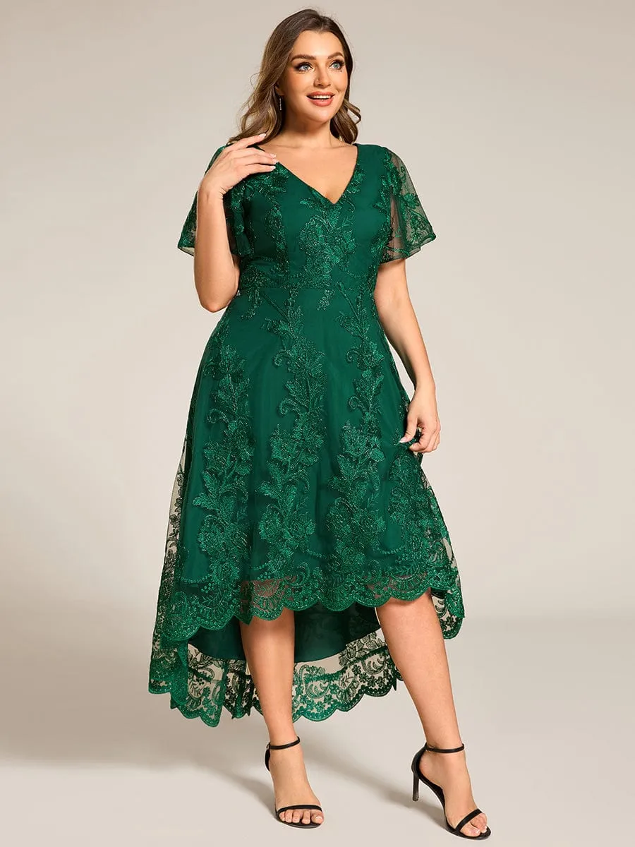 Plus Size Embroidered Mesh High-Low Midi Wedding Guest Dress with Short Sleeves