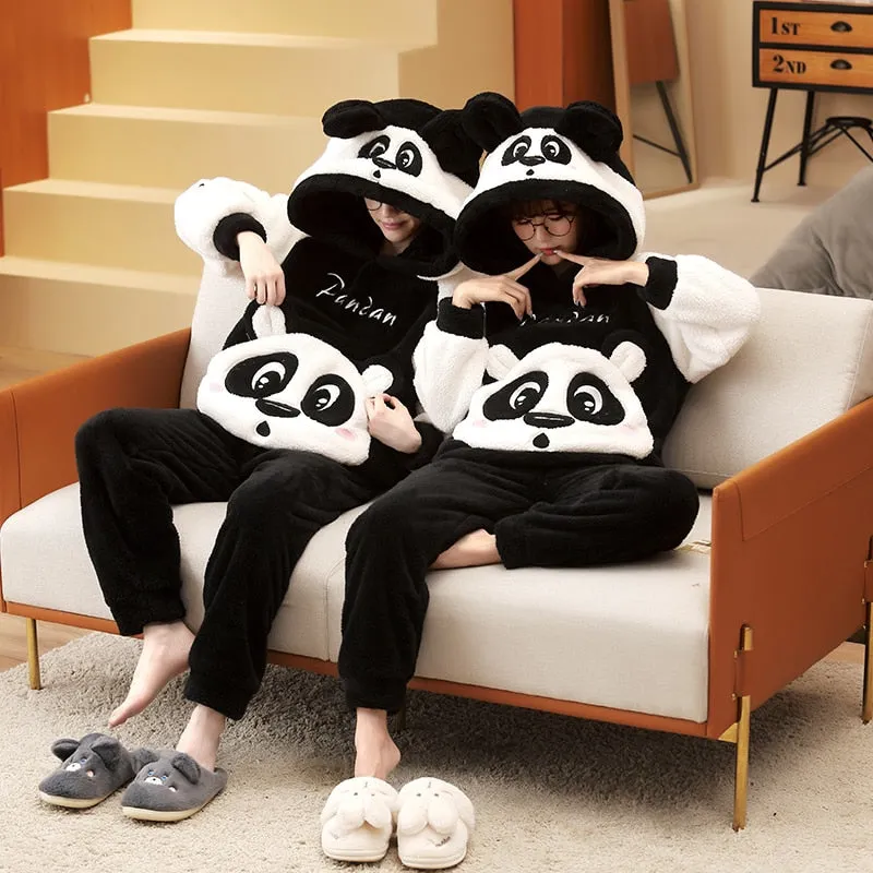 Plush Winter Couple Pajama Set with Cartoon Panda Design