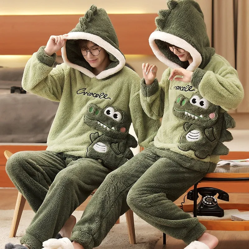 Plush Winter Couple Pajama Set with Cartoon Panda Design