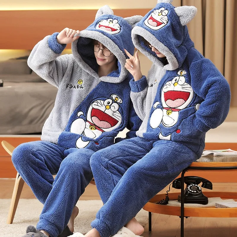 Plush Winter Couple Pajama Set with Cartoon Panda Design