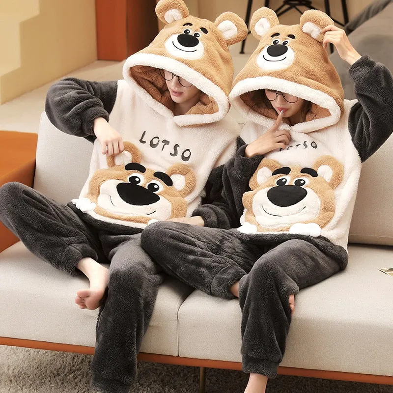 Plush Winter Couple Pajama Set with Cartoon Panda Design