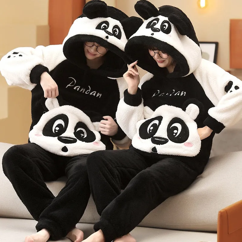 Plush Winter Couple Pajama Set with Cartoon Panda Design