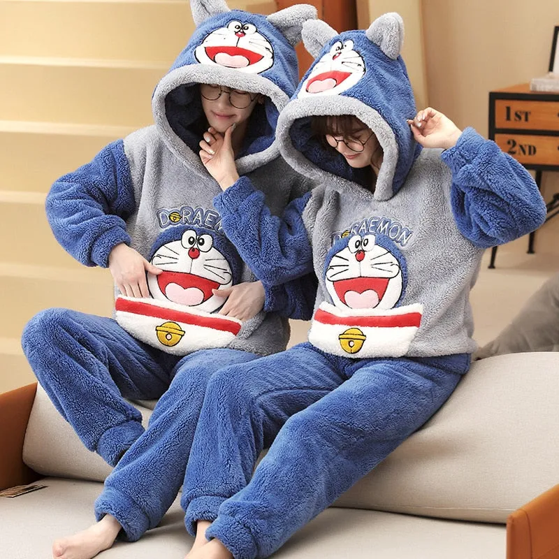 Plush Winter Couple Pajama Set with Cartoon Panda Design