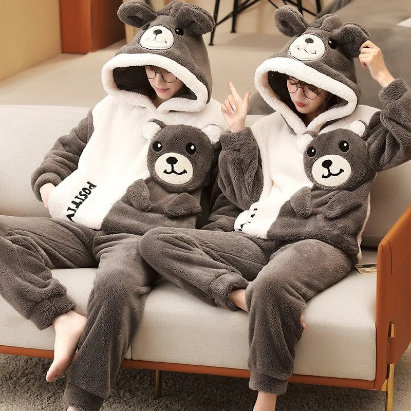 Plush Winter Couple Pajama Set with Cartoon Panda Design