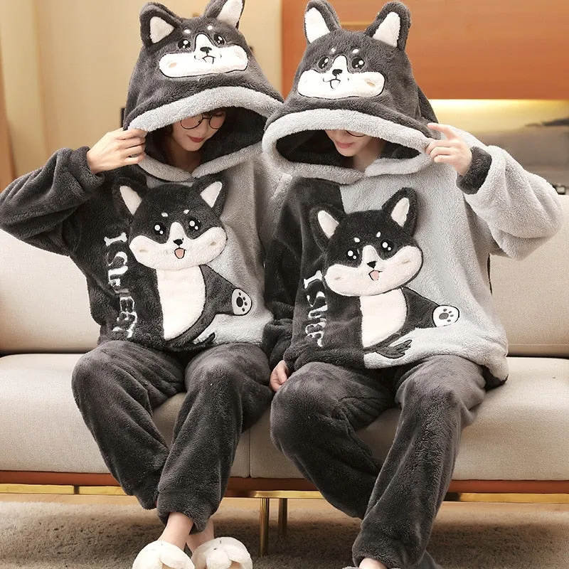 Plush Winter Couple Pajama Set with Cartoon Panda Design