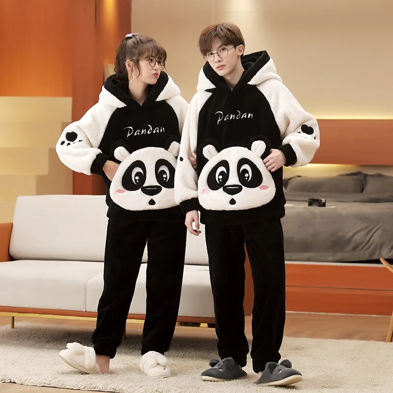 Plush Winter Couple Pajama Set with Cartoon Panda Design