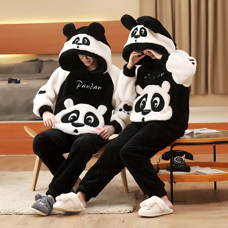 Plush Winter Couple Pajama Set with Cartoon Panda Design