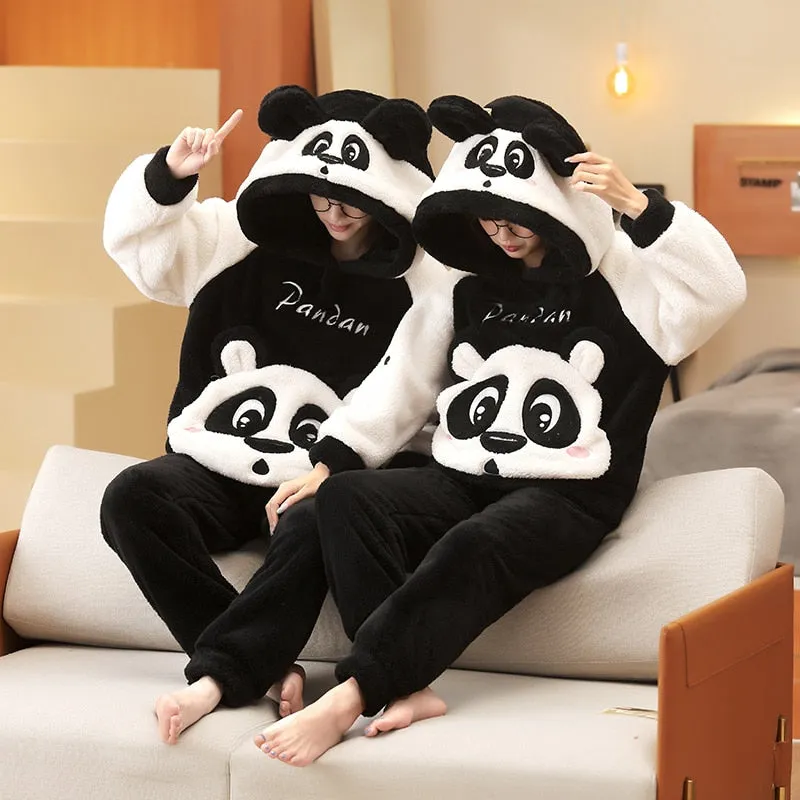 Plush Winter Couple Pajama Set with Cartoon Panda Design